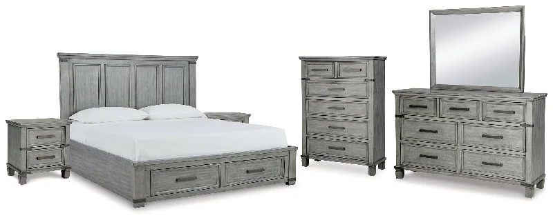 Russelyn California King Storage Bed with Mirrored Dresser, Chest and 2 Nightstands in Gray