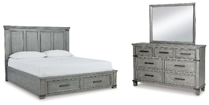 Russelyn California King Storage Bed with Mirrored Dresser in Gray