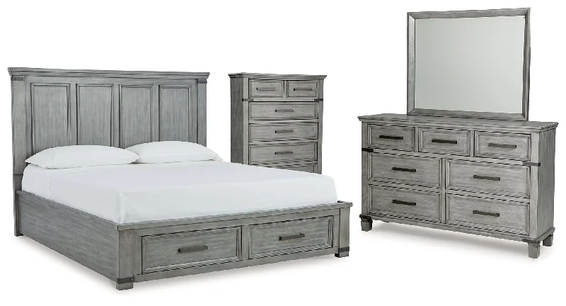 Russelyn King Storage Bed with Mirrored Dresser and Chest in Gray