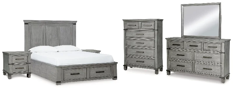 Russelyn Queen Storage Bed with Mirrored Dresser, Chest and 2 Nightstands in Gray