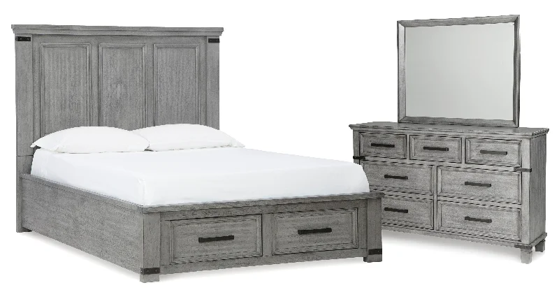 Russelyn Queen Storage Bed with Mirrored Dresser in Gray