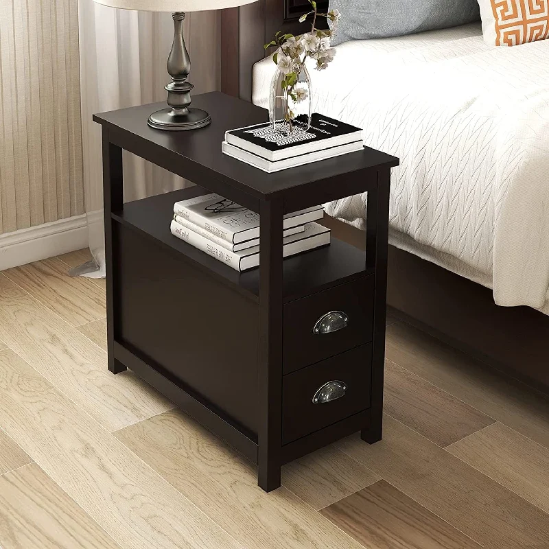 Side Table Living Room Narrow Rustic End Table Bedroom with 2 Drawers and 1 Open Shelf for Small Space - N/A