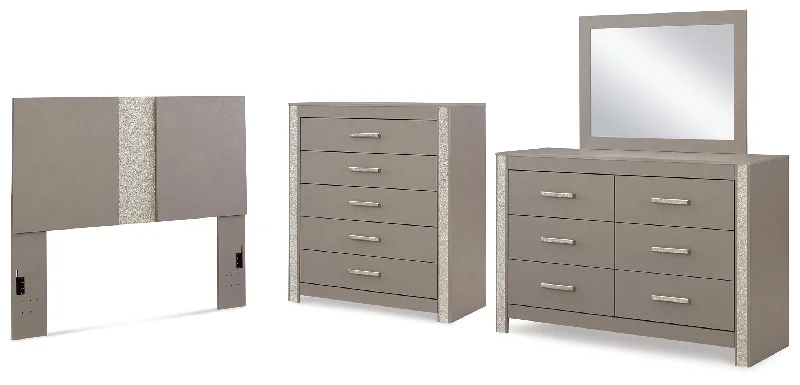 Surancha Queen/Full Panel Headboard with Mirrored Dresser and Chest in Gray