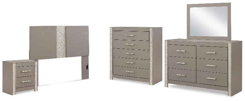 Surancha Queen/Full Panel Headboard with Mirrored Dresser, Chest and Nightstand in Gray