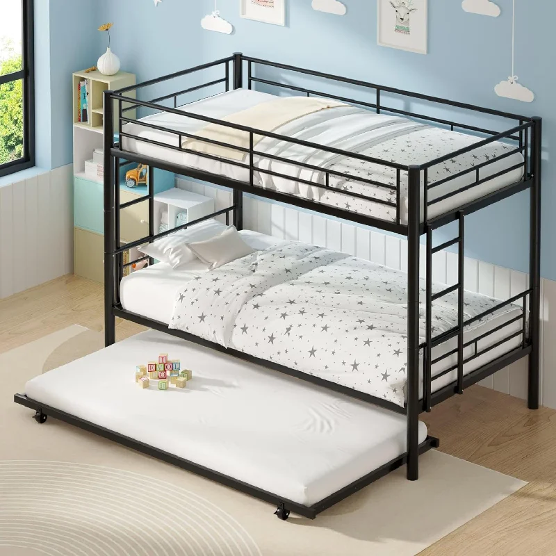 VECELO Twin Over Twin Bunk Bed with Trundle, Metal Bunkbeds with Ladder - $130