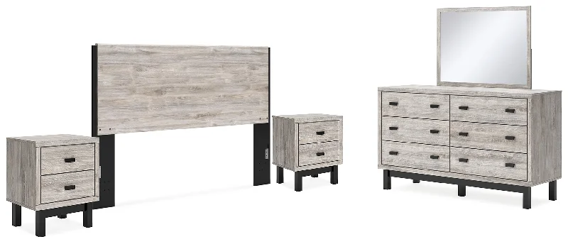 Vessalli King Panel Headboard with Mirrored Dresser and 2 Nightstands in Two-tone