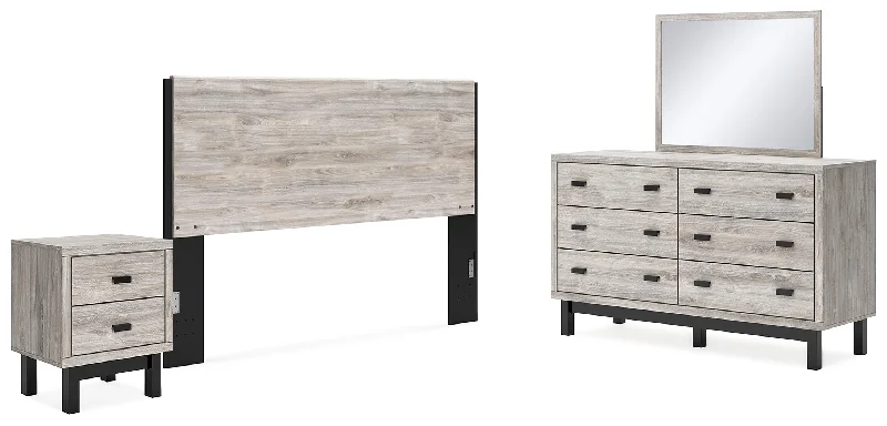 Vessalli King Panel Headboard with Mirrored Dresser and Nightstand in Two-tone