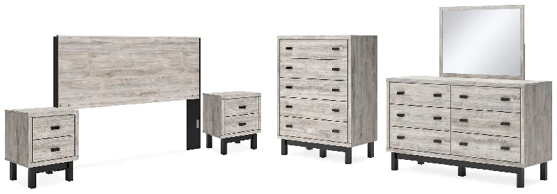 Vessalli King Panel Headboard with Mirrored Dresser, Chest and 2 Nightstands in Two-tone