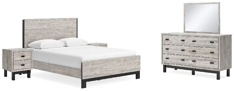 Vessalli Queen Panel Bed with Mirrored Dresser and 2 Nightstands in Gray