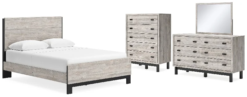 Vessalli Queen Panel Bed with Mirrored Dresser and Chest in Gray