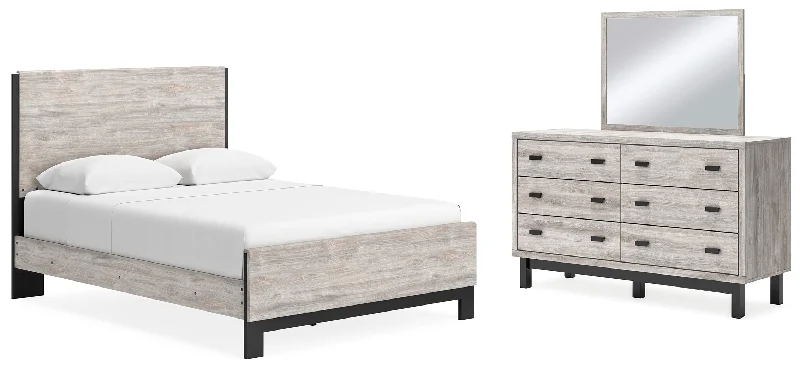 Vessalli Queen Panel Bed with Mirrored Dresser in Gray