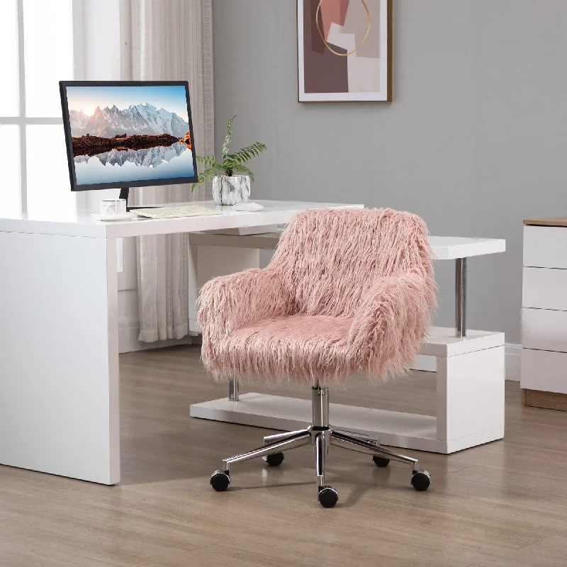 Vinsetto Faux Fur Desk Chair, Swivel Vanity Chair with Adjustable Height and Wheels for Office, Bedroom, Pink