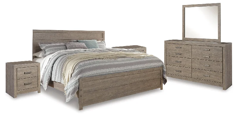 Culverbach King Panel Bed with Mirrored Dresser and 2 Nightstands in Gray