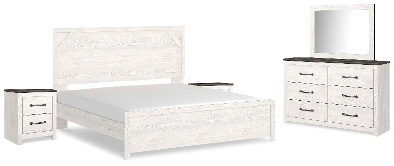 Gerridan King Panel Bed with Mirrored Dresser and 2 Nightstands in White/Gray