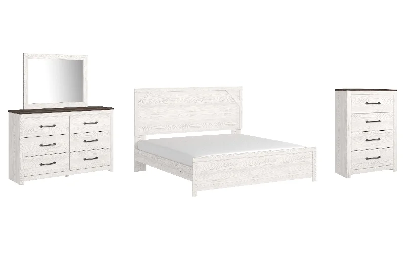 Gerridan King Panel Bed with Mirrored Dresser and Chest in White/Gray