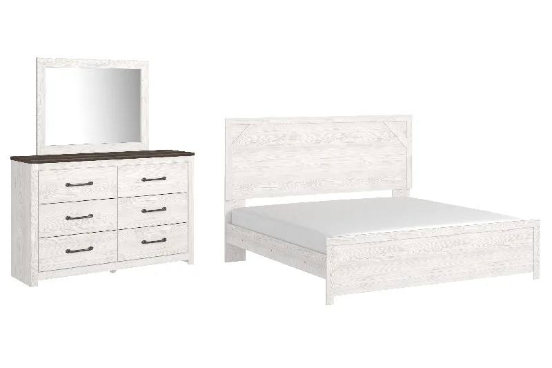 Gerridan King Panel Bed with Mirrored Dresser in White/Gray