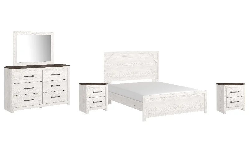 Gerridan Queen Panel Bed with Mirrored Dresser and 2 Nightstands in White/Gray