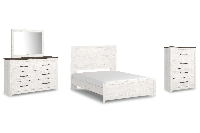 Gerridan Queen Panel Bed with Mirrored Dresser and Chest in White/Gray