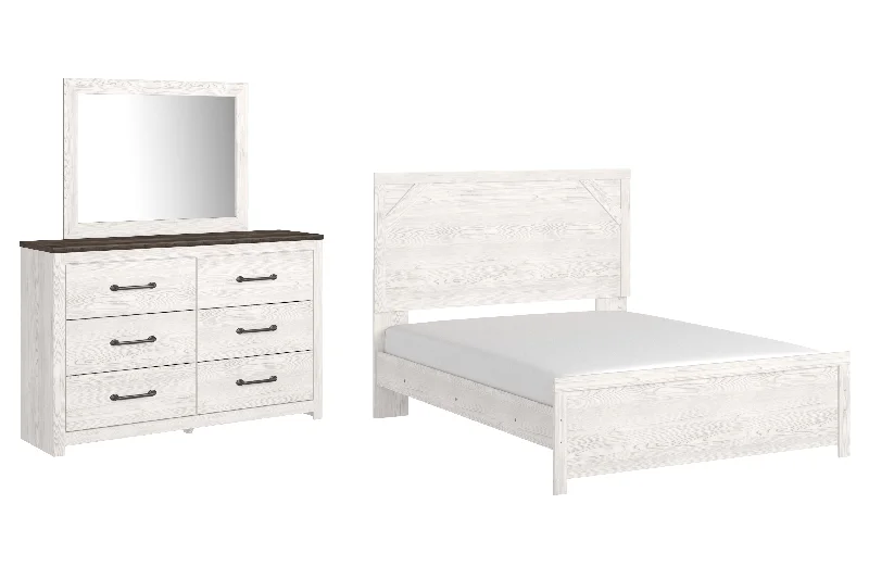 Gerridan Queen Panel Bed with Mirrored Dresser in White/Gray