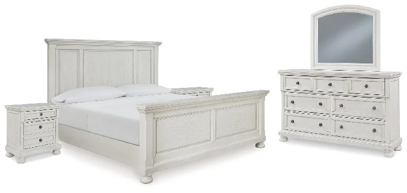 Robbinsdale California King Panel Bed with Mirrored Dresser and 2 Nightstands in Antique White