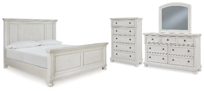 Robbinsdale California King Panel Bed with Mirrored Dresser and Chest in Antique White