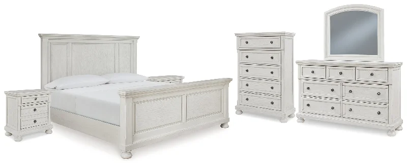 Robbinsdale California King Panel Bed with Mirrored Dresser, Chest and 2 Nightstands in Antique White