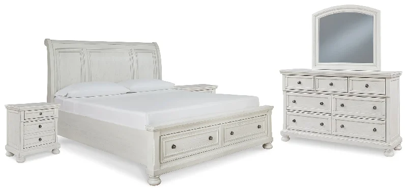 Robbinsdale California King Sleigh Bed with Storage with Mirrored Dresser and 2 Nightstands in Antique White