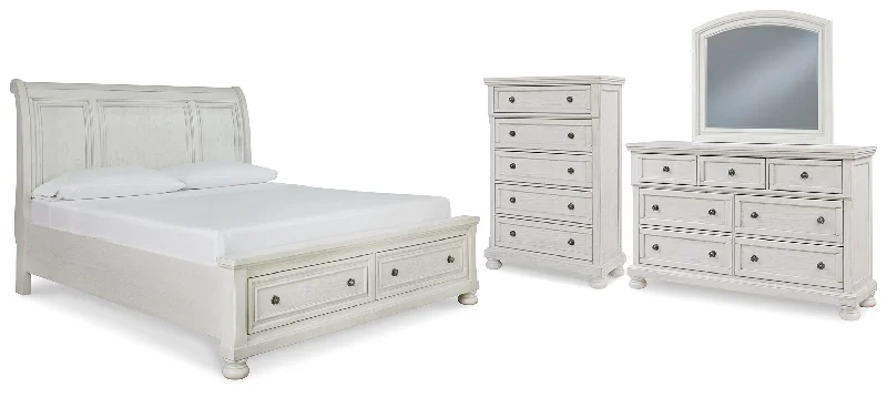 Robbinsdale California King Sleigh Bed with Storage with Mirrored Dresser and Chest in Antique White