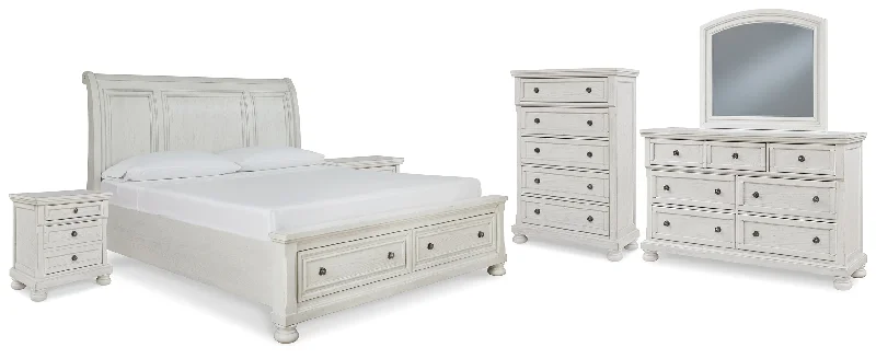 Robbinsdale California King Sleigh Bed with Storage with Mirrored Dresser, Chest and 2 Nightstands in Antique White