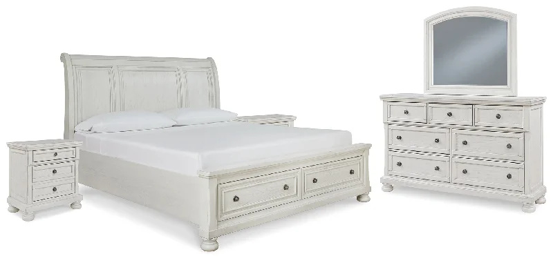 Robbinsdale King Sleigh Bed with Storage with Mirrored Dresser and 2 Nightstands in Antique White