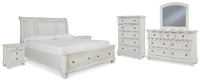 Robbinsdale King Sleigh Bed with Storage with Mirrored Dresser, Chest and 2 Nightstands in Antique White