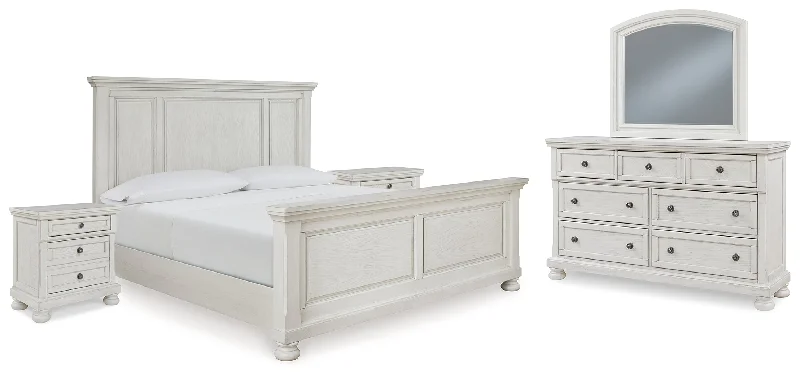 Robbinsdale Queen Panel Bed with Mirrored Dresser and 2 Nightstands in Antique White