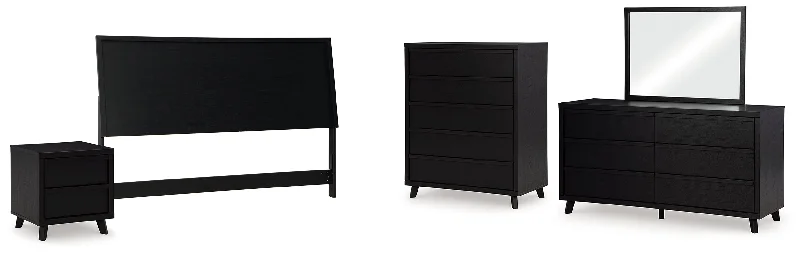 Danziar King Panel Headboard with Mirrored Dresser, Chest and Nightstand in Black