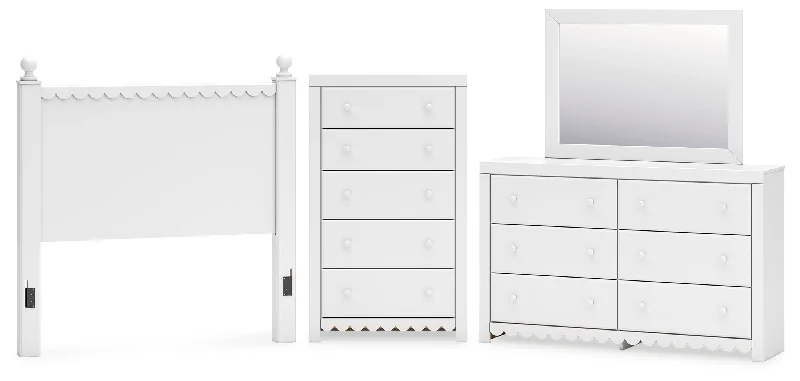 Mollviney Full Panel Headboard with Mirrored Dresser and Chest in White