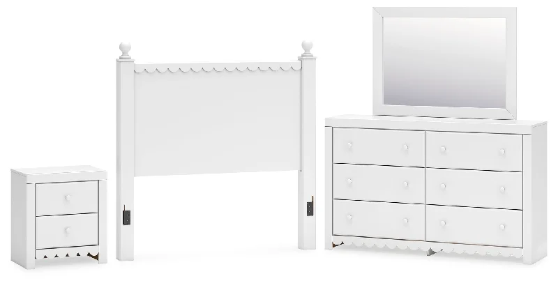 Mollviney Full Panel Headboard with Mirrored Dresser and Nightstand in White