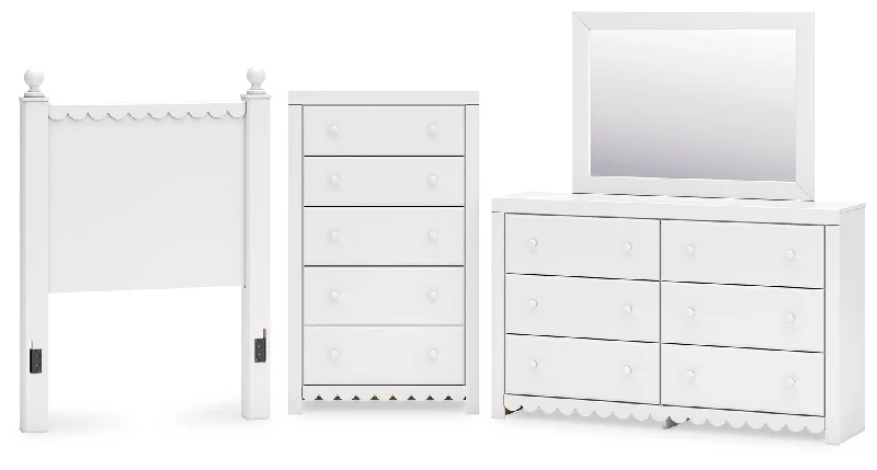 Mollviney Twin Panel Headboard with Mirrored Dresser and Chest in White