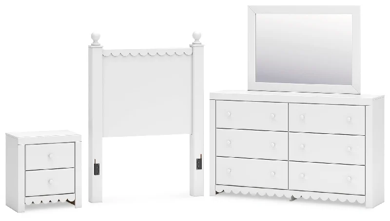 Mollviney Twin Panel Headboard with Mirrored Dresser and Nightstand in White