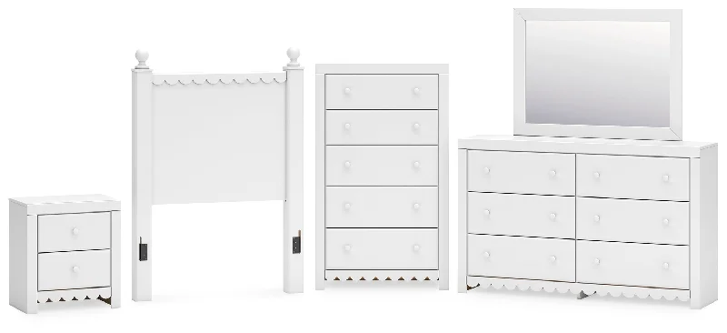 Mollviney Twin Panel Headboard with Mirrored Dresser, Chest and Nightstand in White