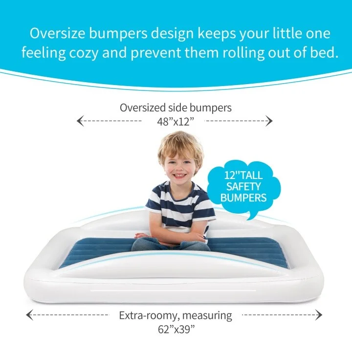 Bi-Comfer Kids Inflatable Toddler Travel Bed with 2-Sided Safety Bumper, Portable Air Mattress for Kids