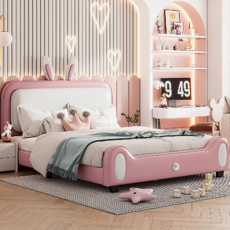 Full Leather Upholstered Bed with Square Bunny Ears Headboard - Pink