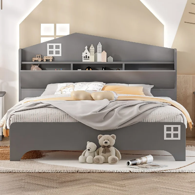 Full Size House Playhouse Platform Bed wStorage Headboard Bed, Grey