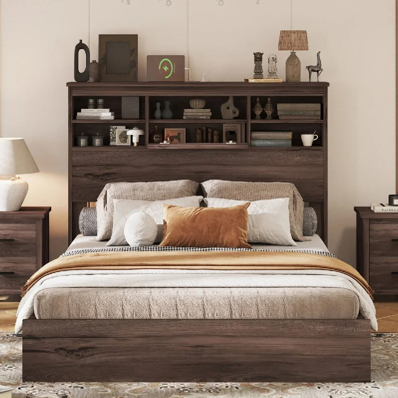 Queen Wood Bed Frame w/ Storage Headboard & USB Charging Ports