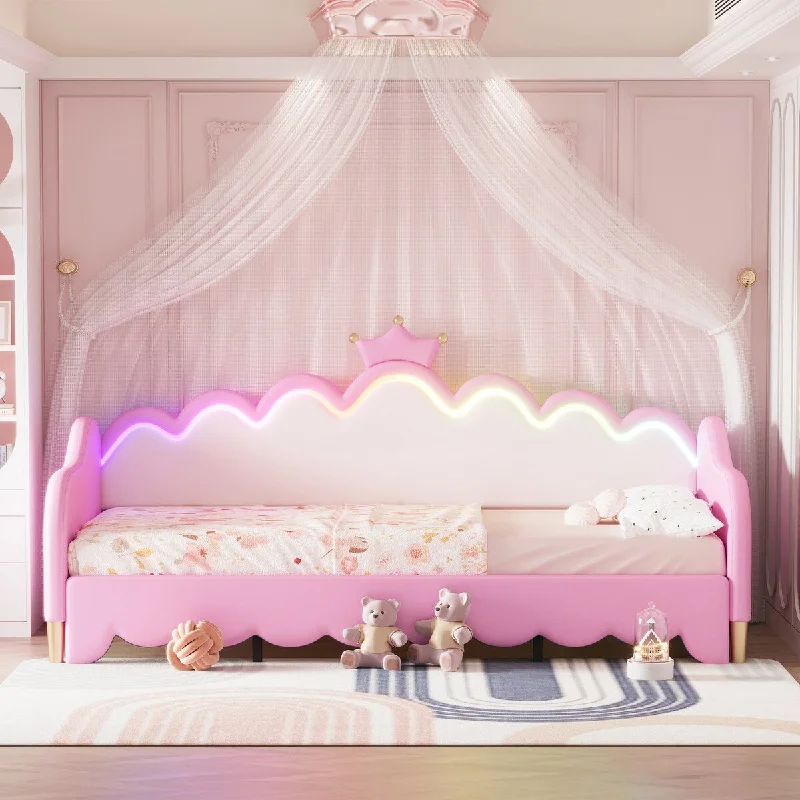 Twin Size Extending Daybed with LED Lights and Crown Headboard - Pink