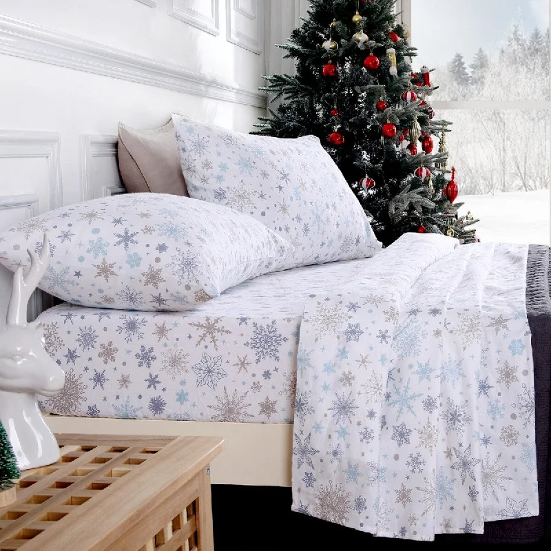 4 Piece Christmas Printed Cotton Flannel Sheet Set