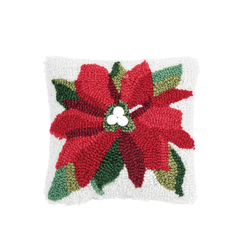 8" x 8" Poinsettia Hooked Petite Christmas Holiday Throw Pillow