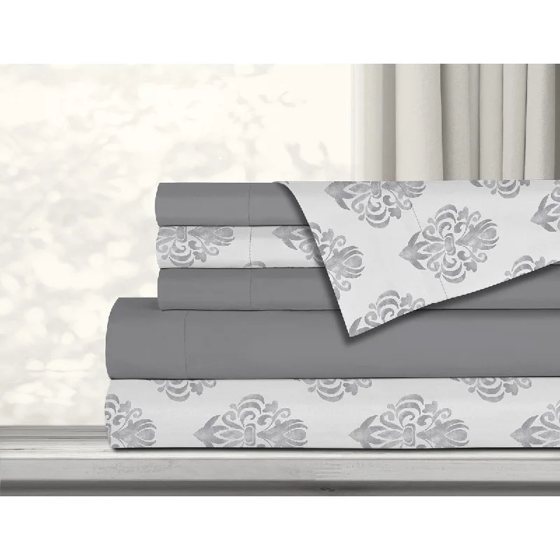 Antibacterial Printed Solid 6 Piece Double Grey Sheet Set