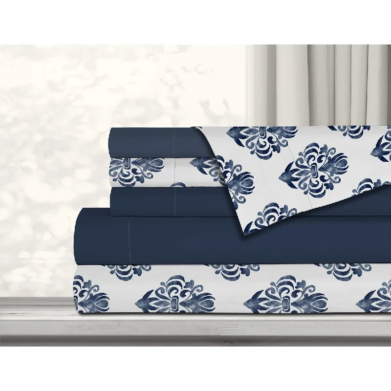 Antibacterial Printed Solid 6 Piece Double Navy Sheet Set