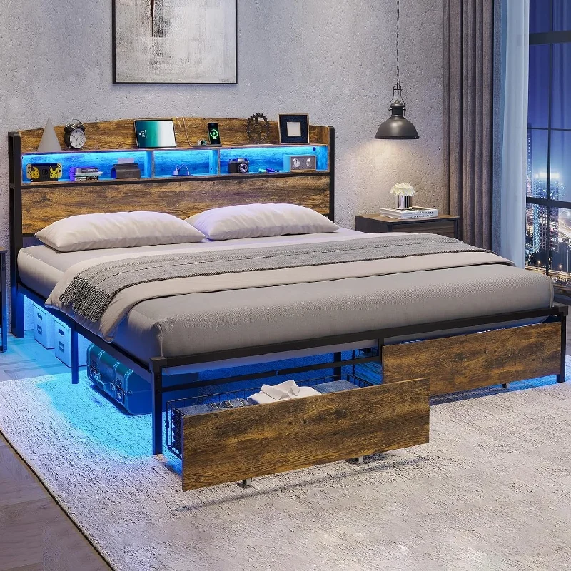 Bed Frame LED Light Headboard Platform Bed USB-C/A Charging Station