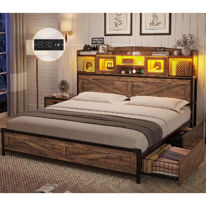 Bed Frame Platform Bed Storage Bookcase Headboard 4 Drawers