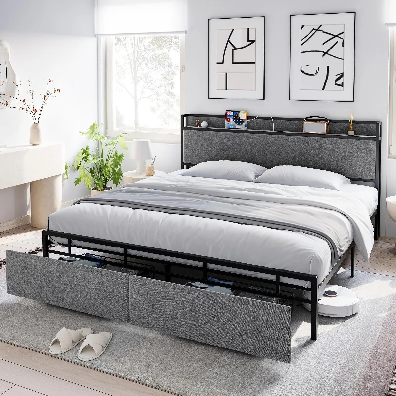 Bed Frame with Storage Headboard and Charging Station